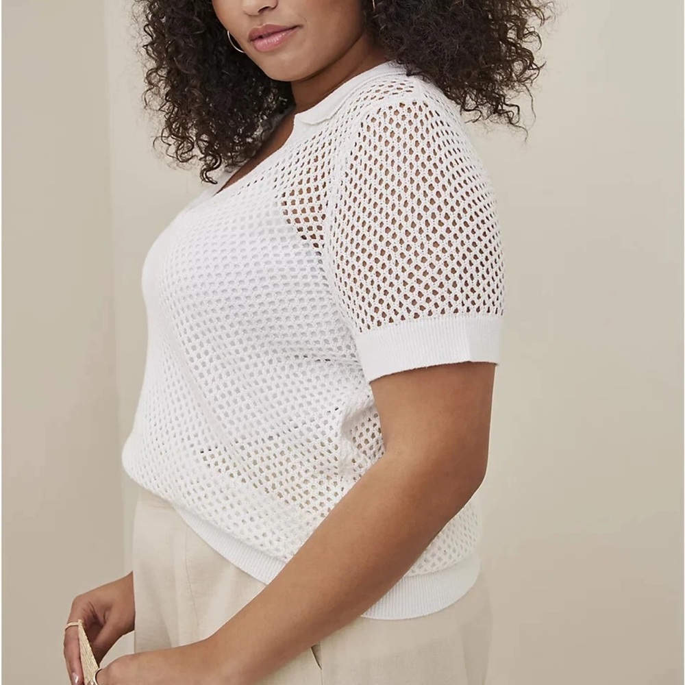 Torrid White Open Stitch Pullover Collared Short … - image 2